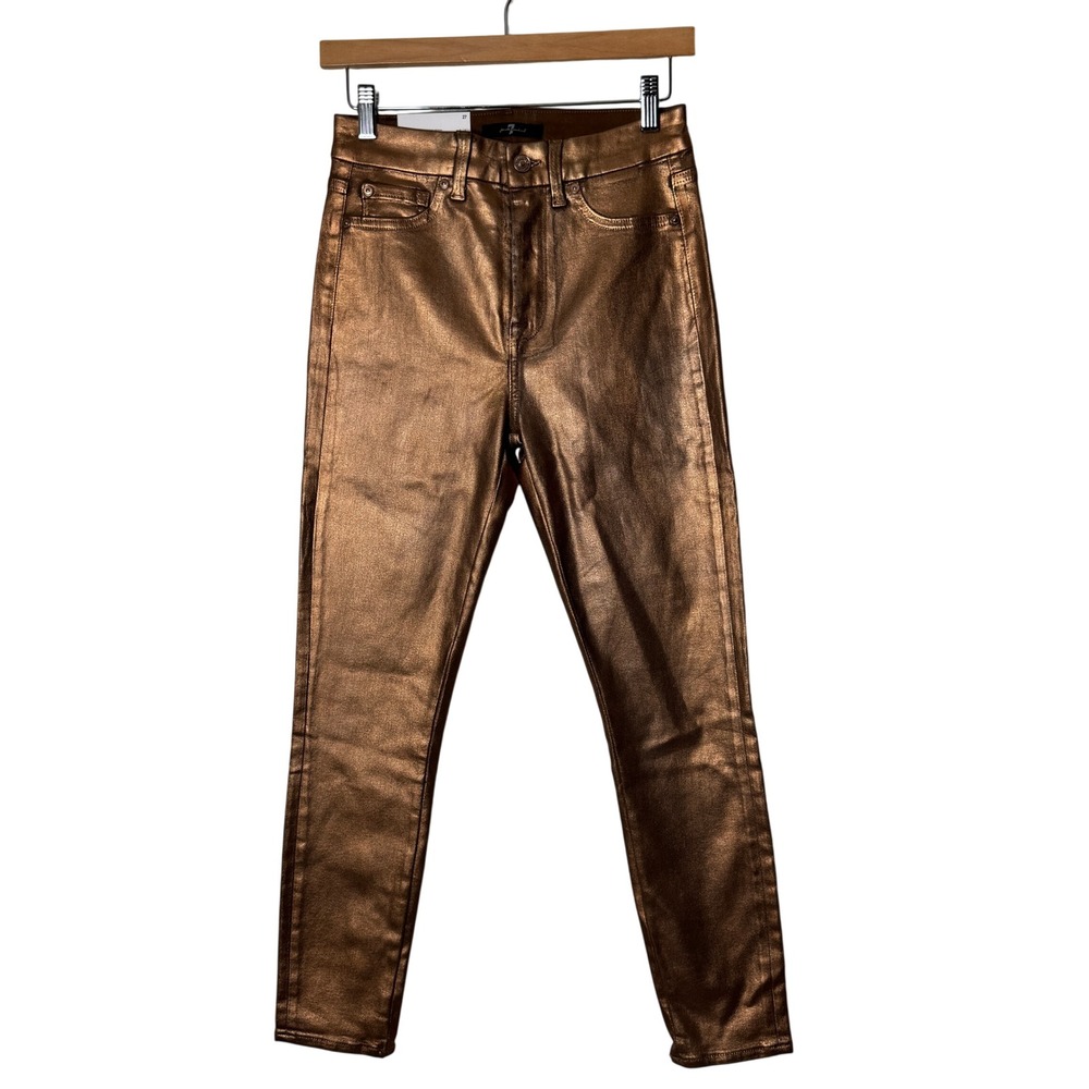 7 For All Mankind Coated Metallic Bronze High Waist Ankle Skinny Jeans Womens 27
